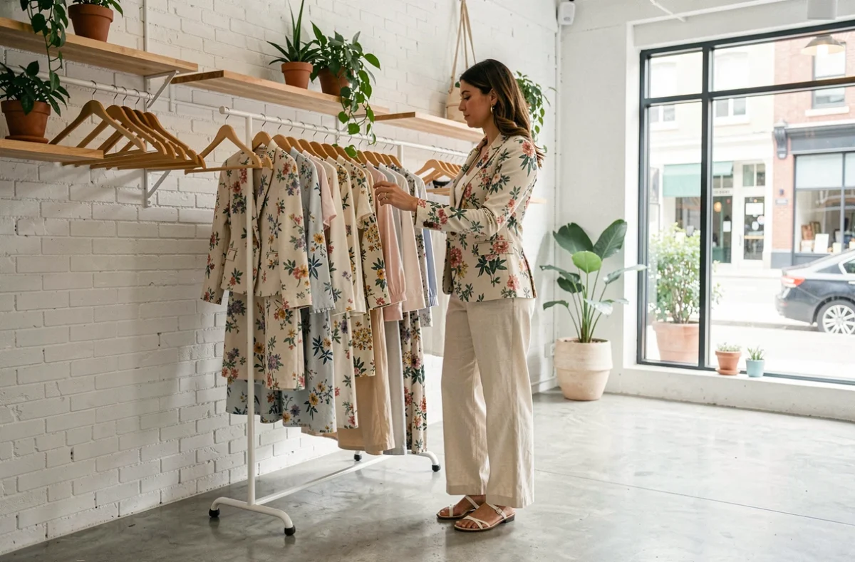 Femme en blazer fleuri et pantalon lin crème choisissant une tenue dans une boutique de mode estivale lumineuse
