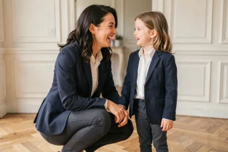 Mère et fille en tenue matchy matchy bleu marine avec blazer et chemise blanche dans un appartement parisien