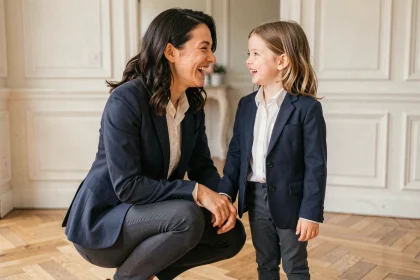 Mère et fille en tenue matchy matchy bleu marine avec blazer et chemise blanche dans un appartement parisien