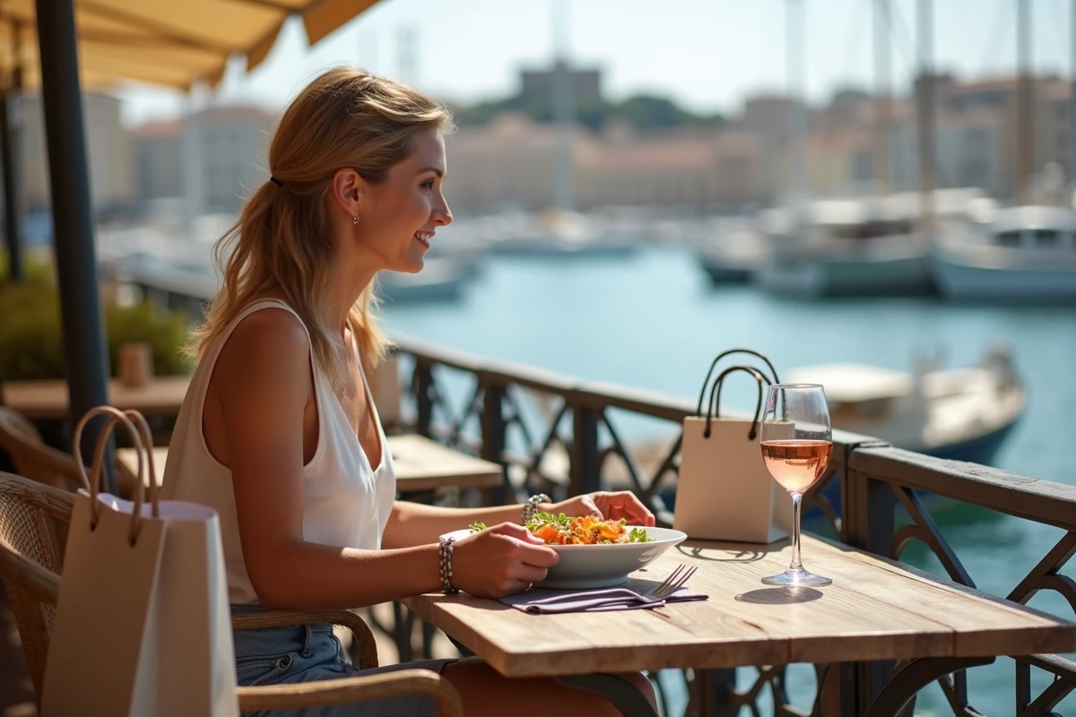 Femme savourant une bouillabaisse en terrasse près du Vieux-Port de Marseille avec des sacs de shopping locaux et une vue sur le port