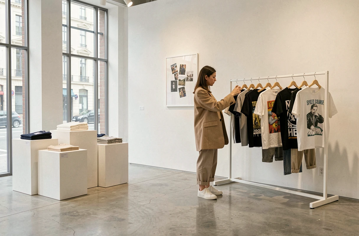 Boutique streetwear créateurs et marques émergentes à Lille avec présentation galerie et pièces avant-garde sur podiums blancs