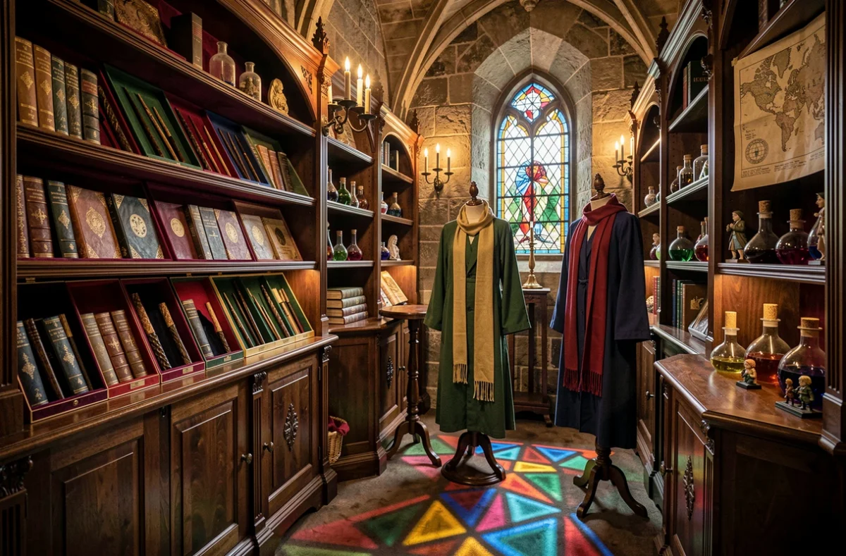 The Wizard's Shop à Nantes, boutique Harry Potter avec baguettes artisanales, robes de maison et décor atmosphérique de sorcellerie