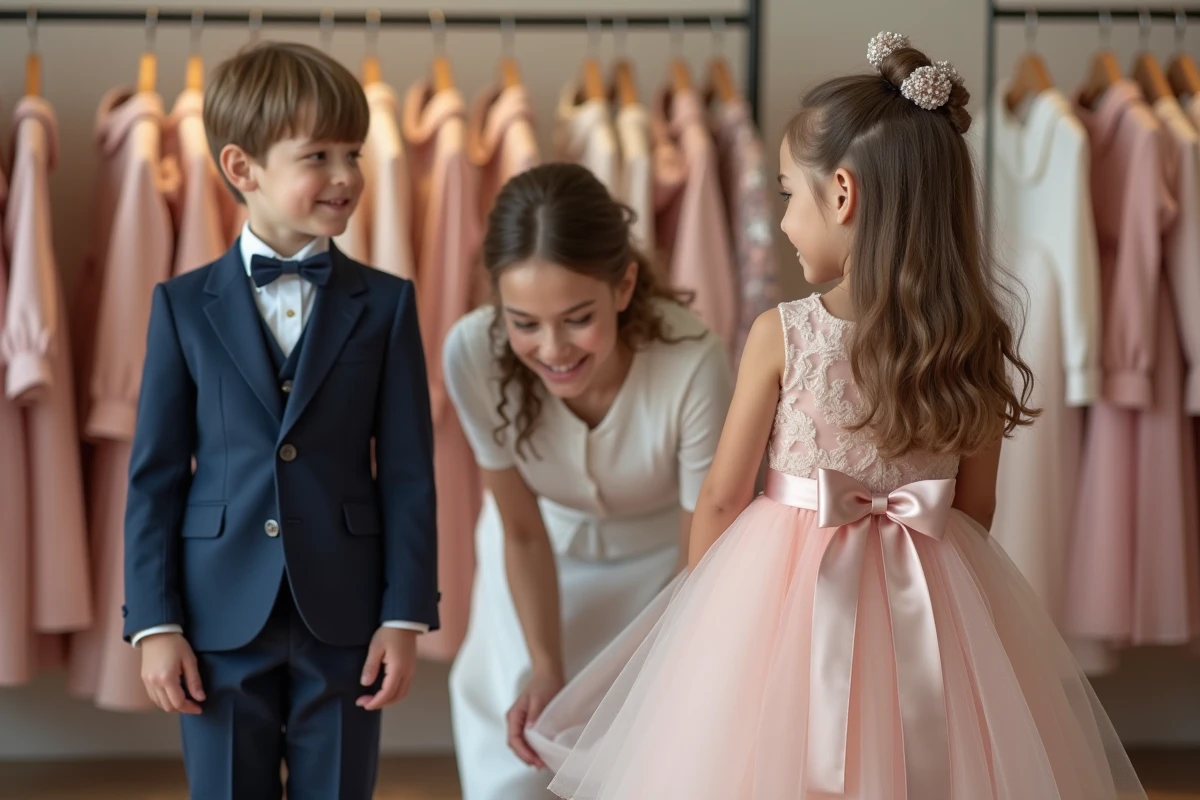 Enfants en tenue de cérémonie dans une boutique pendant une vérification de la taille d'une robe par une vendeuse